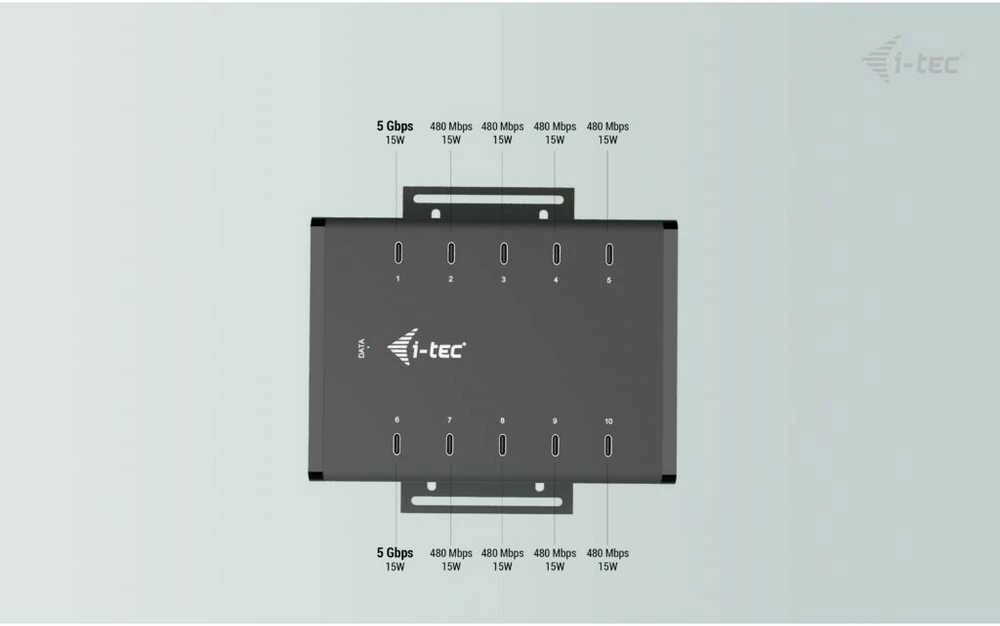 I-TEC USB-C/USB-A metalinis įkrovimas + duomenų stebulė 15 W vienam prievadui 10x USB-C integruotas maitinimo adapteris 180 W