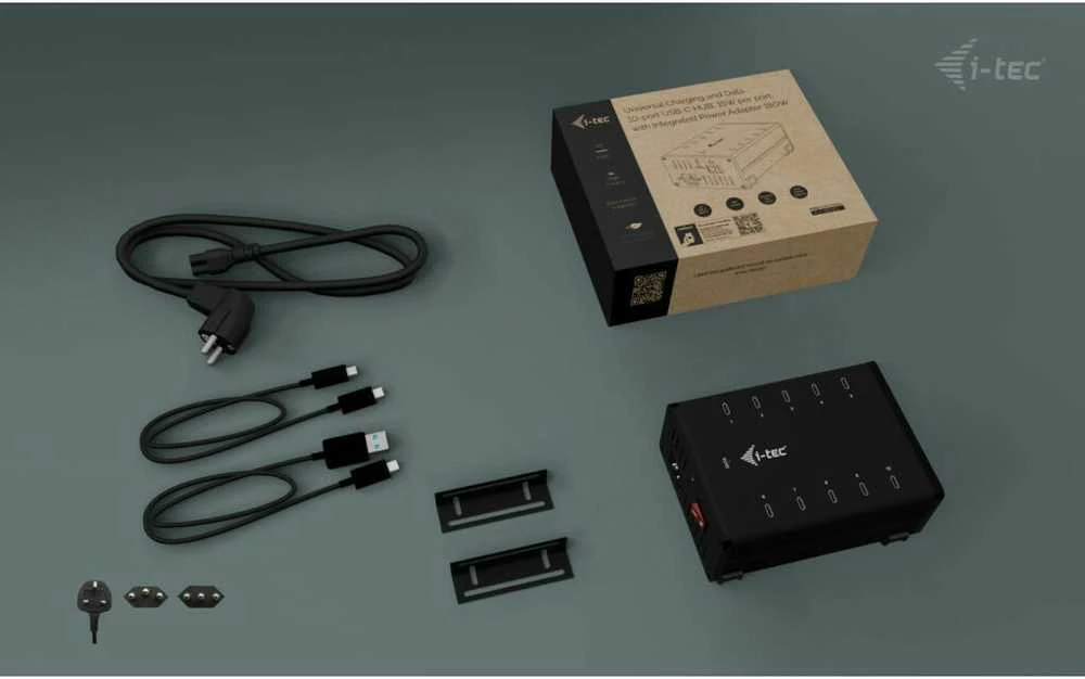 I-TEC USB-C/USB-A metalinis įkrovimas + duomenų stebulė 15 W vienam prievadui 10x USB-C integruotas maitinimo adapteris 180 W