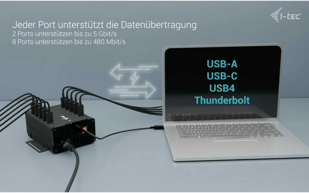 I-TEC USB-C/USB-A metalinis įkrovimas + duomenų stebulė 15 W vienam prievadui 10x USB-C integruotas maitinimo adapteris 180 W