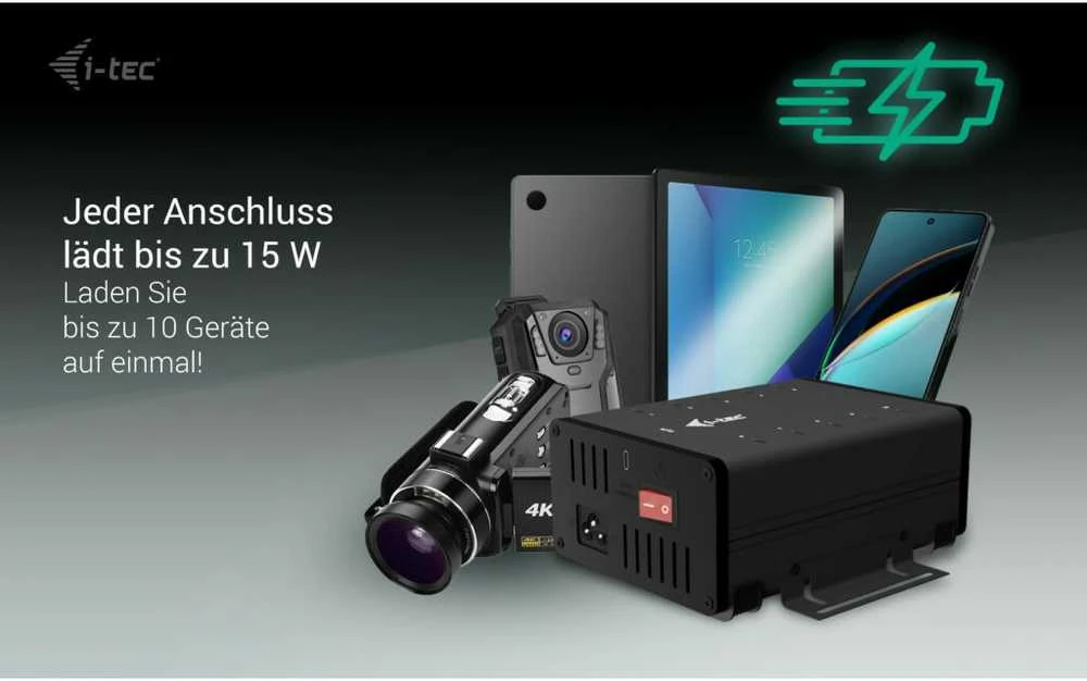 I-TEC USB-C/USB-A metalinis įkrovimas + duomenų stebulė 15 W vienam prievadui 10x USB-C integruotas maitinimo adapteris 180 W