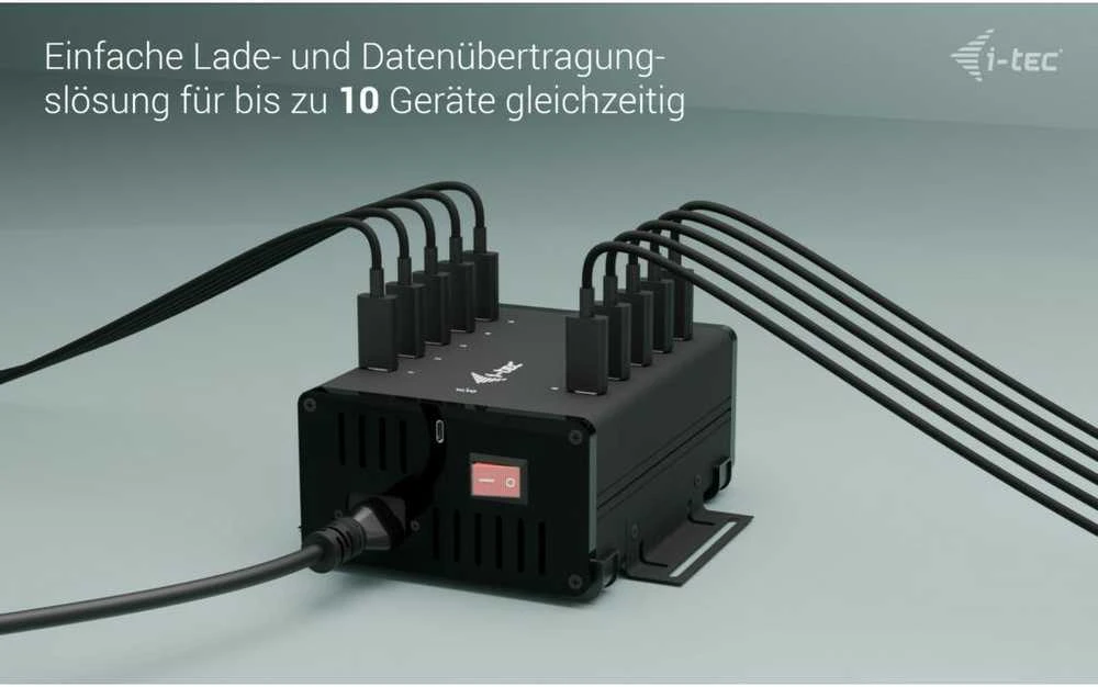 I-TEC USB-C/USB-A metalinis įkrovimas + duomenų stebulė 15 W vienam prievadui 10x USB-C integruotas maitinimo adapteris 180 W