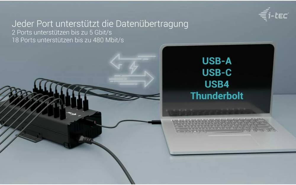 I-TEC USB-C/USB-A metalinis įkrovimo ir duomenų šakotuvas, 15 W vienam prievadui, 20 USB-C integruotų maitinimo adapterių, 360 W