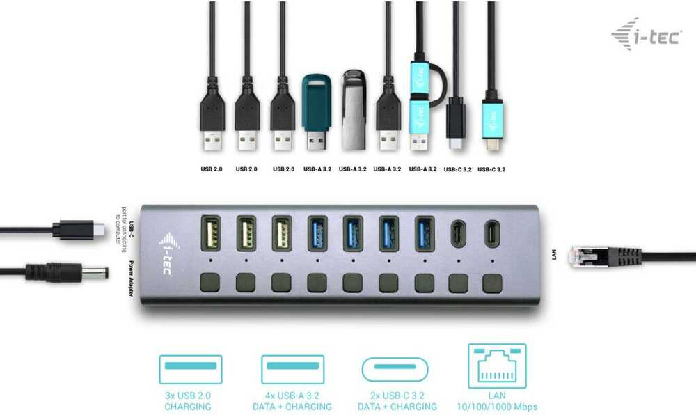 I-tec USB 3.0 / USB-C įkrovimo HUB 9 prievadų LAN + galia 60 W