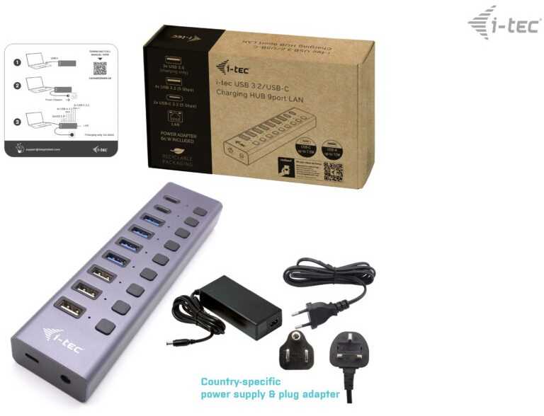 I-tec USB 3.0 / USB-C įkrovimo HUB 9 prievadų LAN + galia 60 W