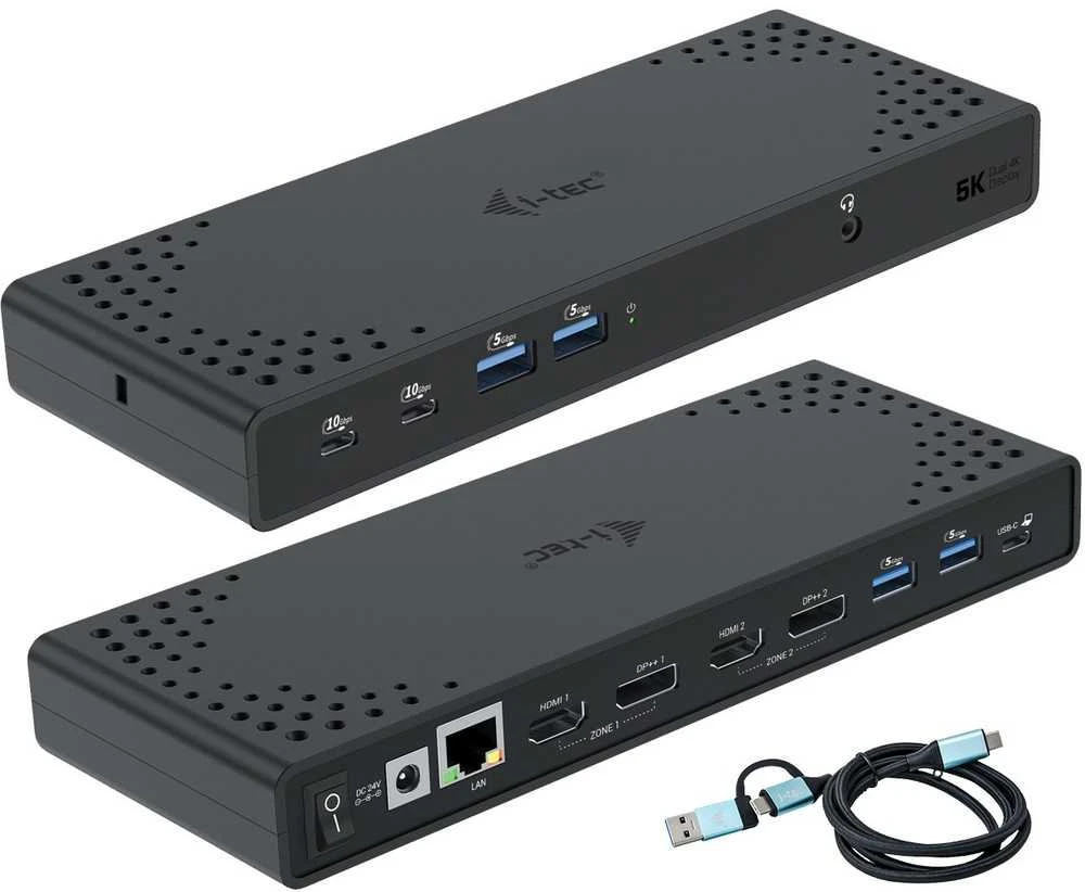 I-TEC USB 3.0 / USB-C / Thunderbolt 3 Dualdock 1x5K 2x4K 60Hz 2xDP 2xHDMI 1xGLAN 4xUSB 3.2 2xUSB-C 3.2 Gen.2 1xGarso / mikrofono lizdas PD 100W