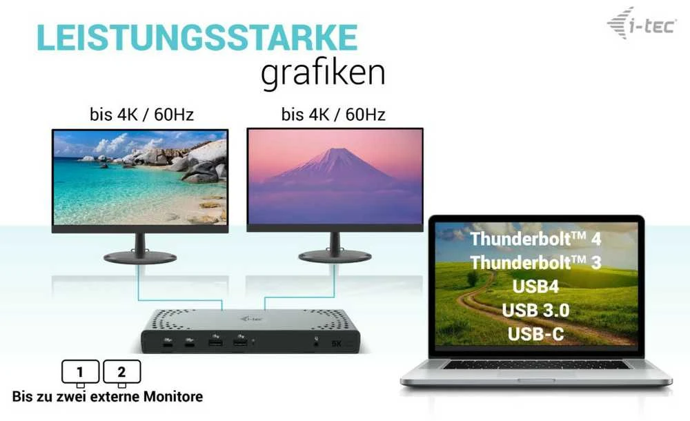I-TEC USB 3.0 / USB-C / Thunderbolt 3 Dualdock 1x5K 2x4K 60Hz 2xDP 2xHDMI 1xGLAN 4xUSB 3.2 2xUSB-C 3.2 Gen.2 1xGarso / mikrofono lizdas PD 100W