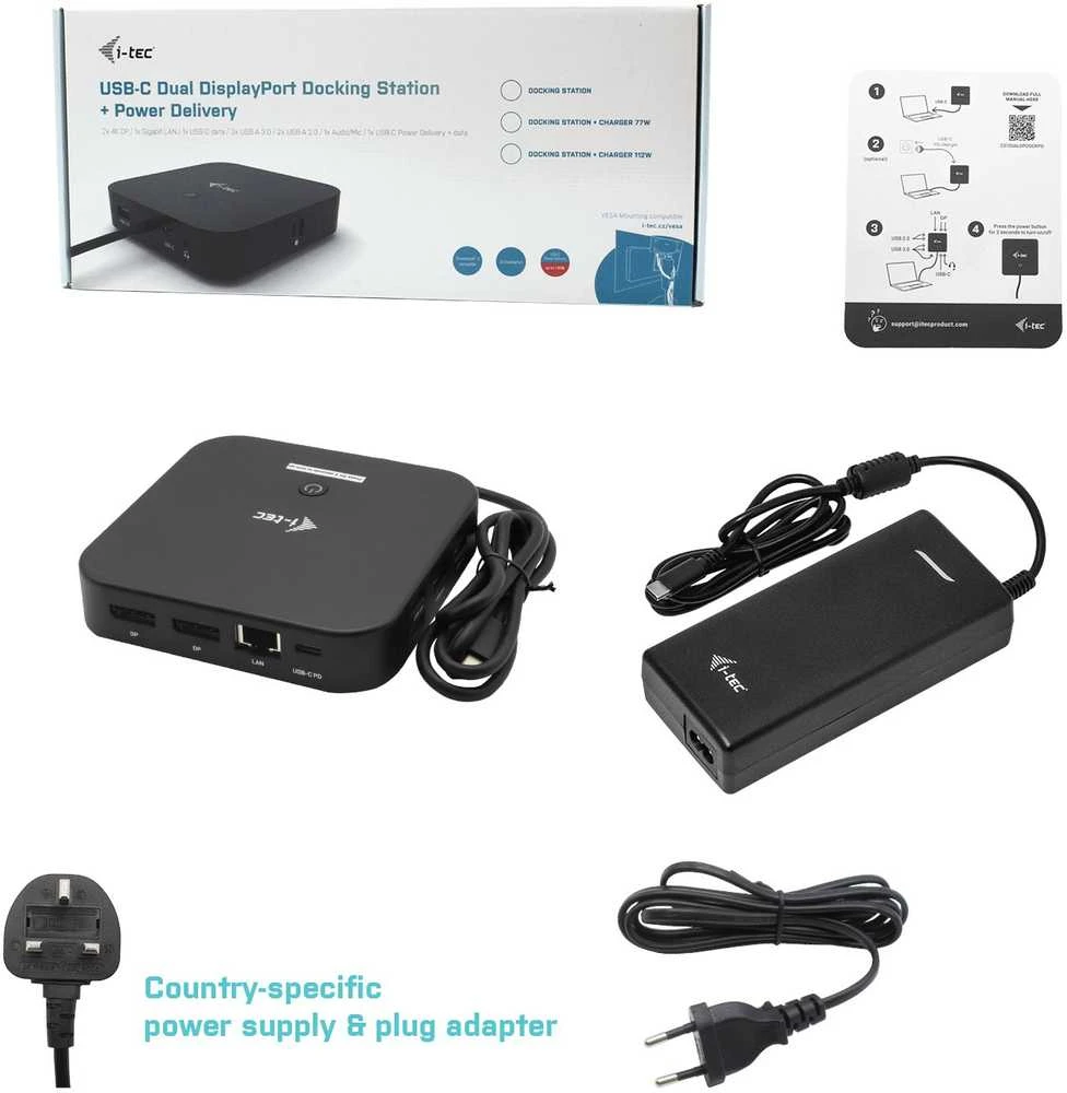 I-TEC USB-C Dual Ekranas MST DS 2x DP 1x GLAN 3x USB 3.1 2x USB 2.0 1x USB-C-DatA 1x Audio/Mic Jack 1x 100W USB-C PD + įkroviklis 112W