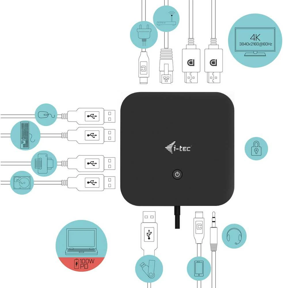 I-TEC USB-C Dual Ekranas MST DS 2x DP 1x GLAN 3x USB 3.1 2x USB 2.0 1x USB-C-DatA 1x Audio/Mic Jack 1x 100W USB-C PD + įkroviklis 112W