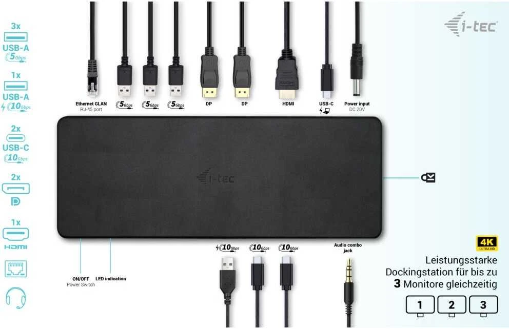 I-TEC USB-C triguba 4K Ekrano prijungimo stotis Gen2 2xDP 1xHDMI 1xGLAN 3xUSB 3.2 Gen1 1xUSB 3.2 Gen2 2xUSB-C Gen2 1xAudio/Mic PD100W