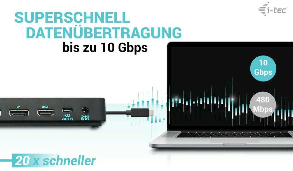 I-TEC USB-C triguba 4K Ekrano prijungimo stotis Gen2 2xDP 1xHDMI 1xGLAN 3xUSB 3.2 Gen1 1xUSB 3.2 Gen2 2xUSB-C Gen2 1xAudio/Mic PD100W