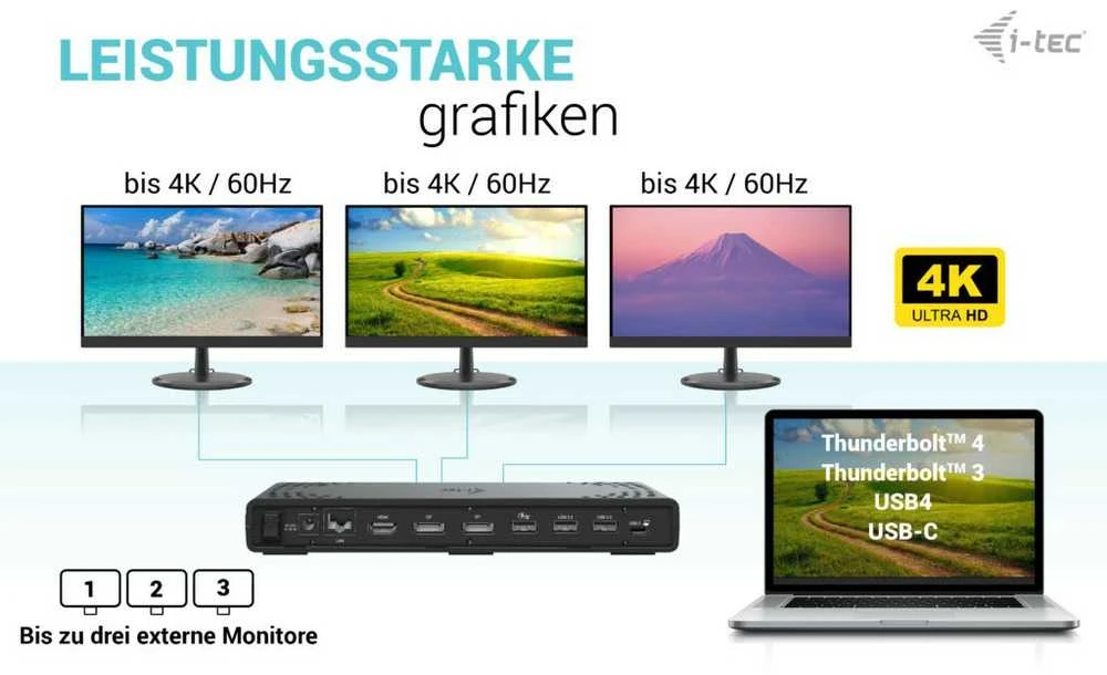 I-tec USB-C triguba Ekrano prijungimo stotis Gen 2 + maitinimo tiekimas 100 W