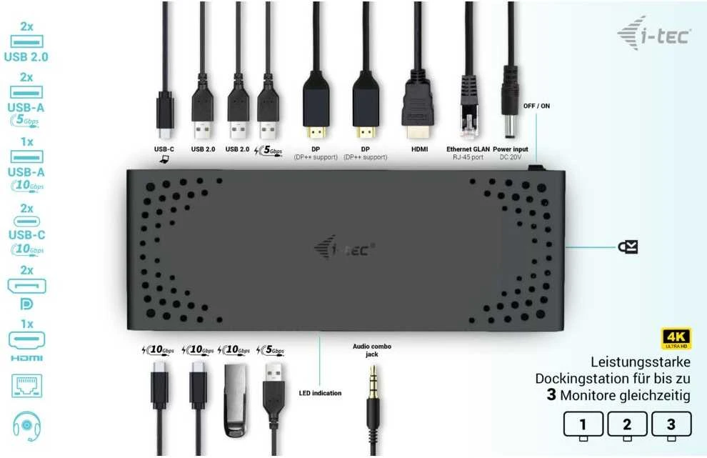 I-tec USB-C triguba Ekrano prijungimo stotis Gen 2 + maitinimo tiekimas 100 W