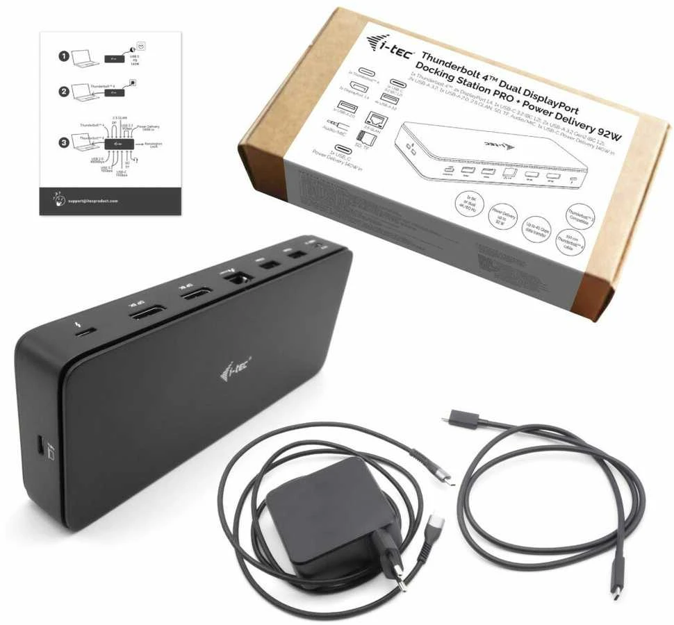 I-TEC Thunderbolt 4 2x Ekranas Dock Generation 3 7x USB + jo 1x TB4 2.5GLAN PD 92W 1m TB4 Kabelis SD/TF kortelių skaitytuvas 3,5 mm garso