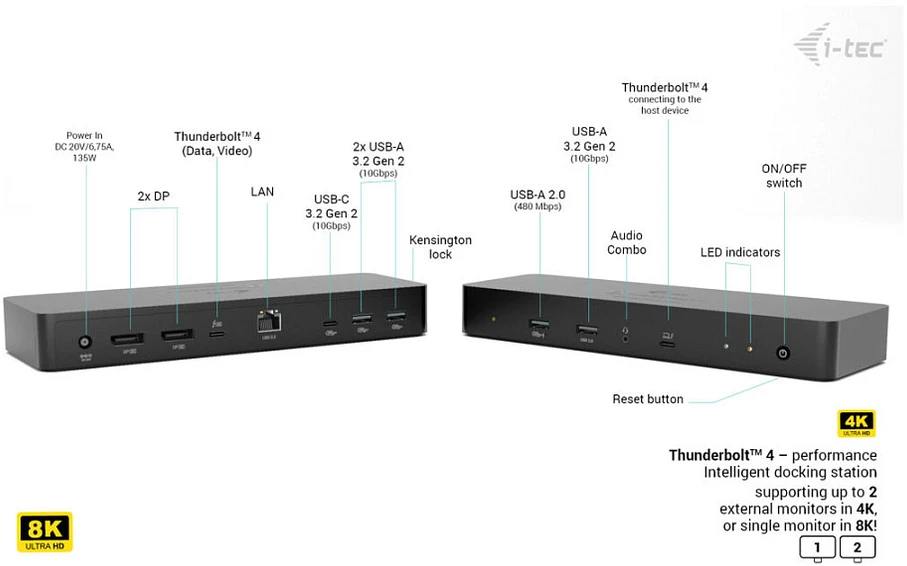 „I-tec TB4“ išmanioji dvigubo ekrano prijungimo stotelė, maitinimo šaltinis, 90 W, 2 x DP, vaizdo įrašymo įrenginys, TB garso jungtis, LAN, USB-A, 10 Gbps, USB-C, 10 Gbps, Kensingtono užraktas.