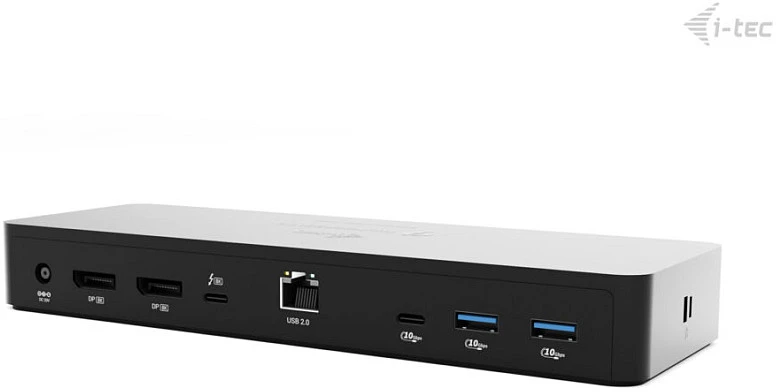 „I-tec TB4“ išmanioji dvigubo ekrano prijungimo stotelė, maitinimo šaltinis, 90 W, 2 x DP, vaizdo įrašymo įrenginys, TB garso jungtis, LAN, USB-A, 10 Gbps, USB-C, 10 Gbps, Kensingtono užraktas.