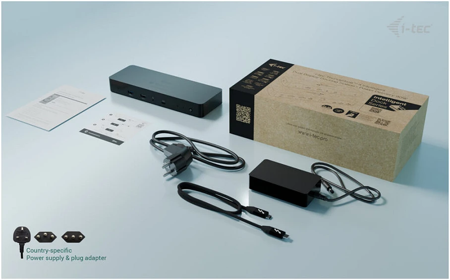 „I-tec TB4“ išmanioji dvigubo ekrano prijungimo stotelė, maitinimo šaltinis, 90 W, 2 x DP, vaizdo įrašymo įrenginys, TB garso jungtis, LAN, USB-A, 10 Gbps, USB-C, 10 Gbps, Kensingtono užraktas.