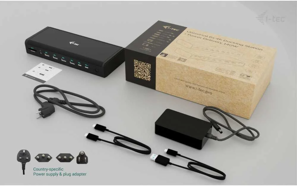 I-TEC Universal 6x 4K Ekranas DS 6x4K 2xDP 2xHDMI 2xUSB-C 1xGLAN 2xUSB-C Gen.2 4xUSB 3.2 1xGarso / mikrofono lizdas 1xSD / Micro SD Kl PD 140W KL