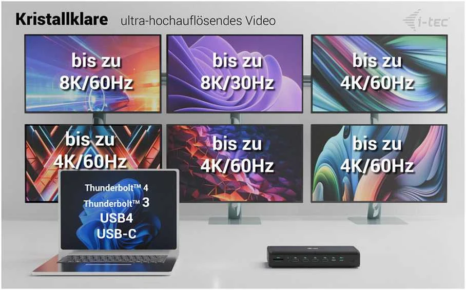 I-TEC Universal 6x 4K Ekranas DS 6x4K 2xDP 2xHDMI 2xUSB-C 1xGLAN 2xUSB-C Gen.2 4xUSB 3.2 1xGarso / mikrofono lizdas 1xSD / Micro SD Kl PD 140W KL