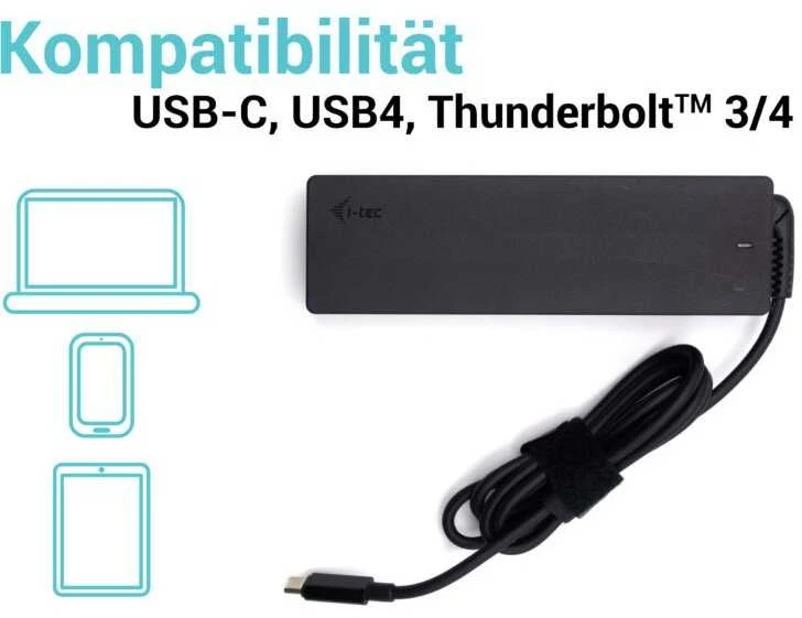I-tec 100W kroviklis su USB-C laidu ir suderinamumo schema