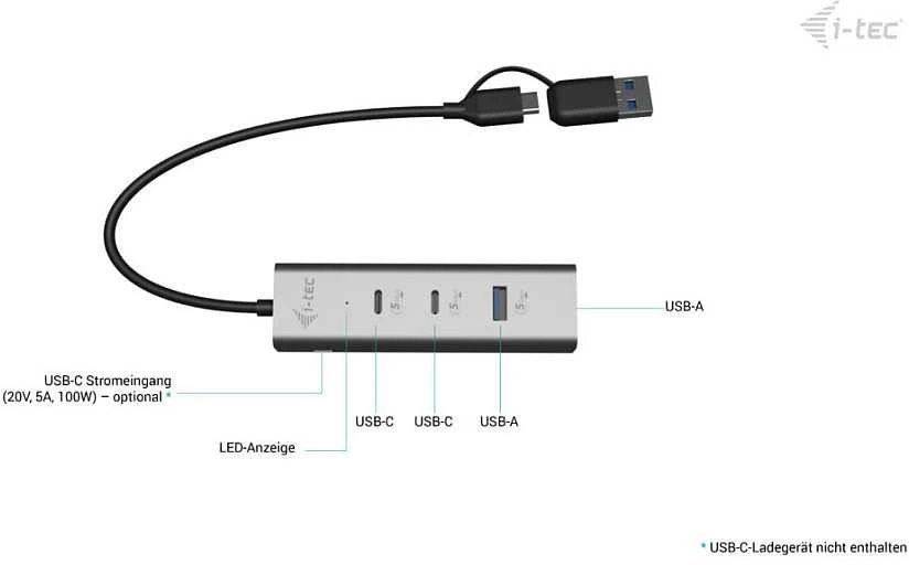 I-tec universalus įkrovimo metalinis HUB 2x USB-C + 2x USB-A prievadas, PD 85W
