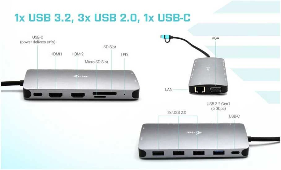 I-TEC USB-C metalinis nano dokas 2xHDMI 1xVGA 1xSD kortelių skaitytuvas 1xmicroSD kortelių skaitytuvas 1xGLAN 3xUSB 2.0 1xUSB 3.2 1xUSB-C3.2duomenys 1xUSB-C PD
