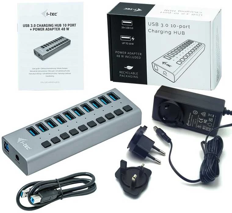I-TEC USB 3.0 įkrovimo HUB 10 prievadų prievadas su išoriniu maitinimo adapteriu 48 W 10x USB įkrovimo prievadas, skirtas planšetiniams kompiuteriams Nešiojamiesiems kompiuteriams Ultrabooks kompiuteriams