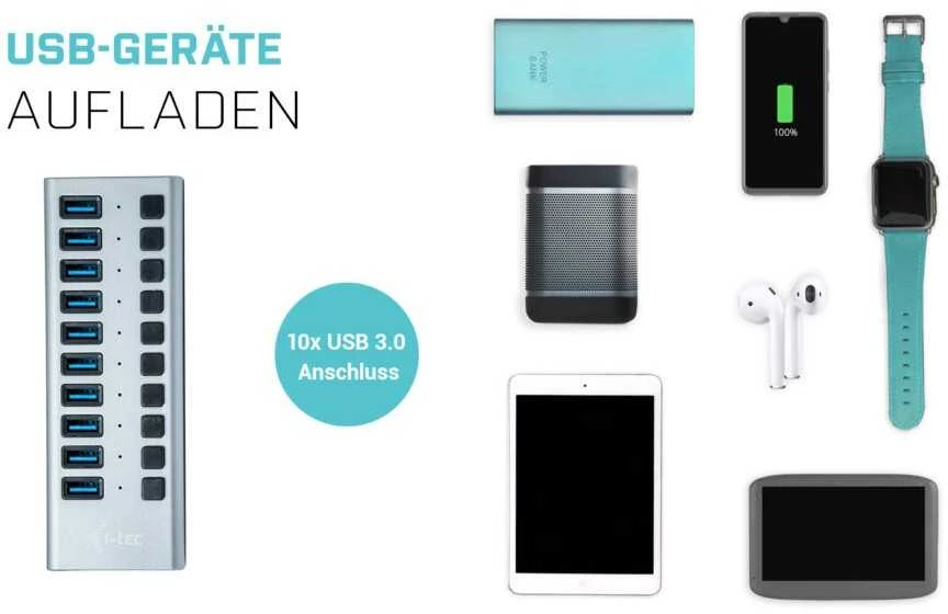 I-TEC USB 3.0 įkrovimo HUB 10 prievadų prievadas su išoriniu maitinimo adapteriu 48 W 10x USB įkrovimo prievadas, skirtas planšetiniams kompiuteriams Nešiojamiesiems kompiuteriams Ultrabooks kompiuteriams