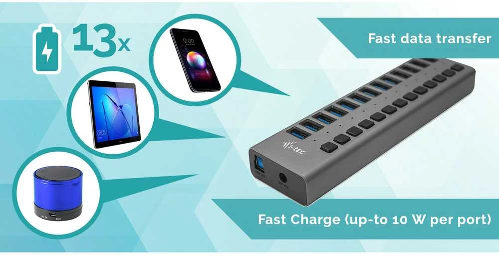 I-TEC USB 3.0 Charging HUB 13 prievadų prievadas su išoriniu maitinimo adapteriu 60 W 13x USB įkrovimo prievadas, skirtas planšetiniams kompiuteriams Nešiojamiesiems kompiuteriams Ultrabook kompiuteriams