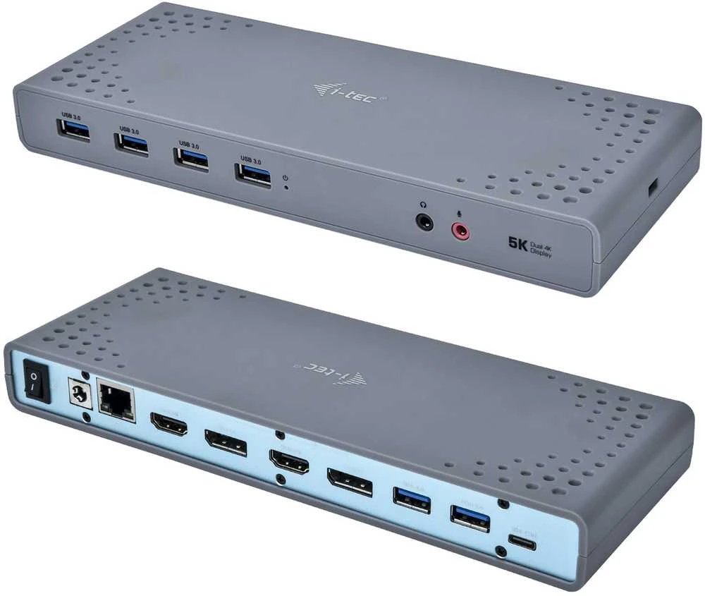 I-TEC USB 3.0 / USB-C Dualdock 1x 5K 2x 4K 60Hz 2x HDMI 2x DP 1x GLAN 6x USB 3.0 1x Audio / Mic Jack Kensington, suderinamas su TB 3
