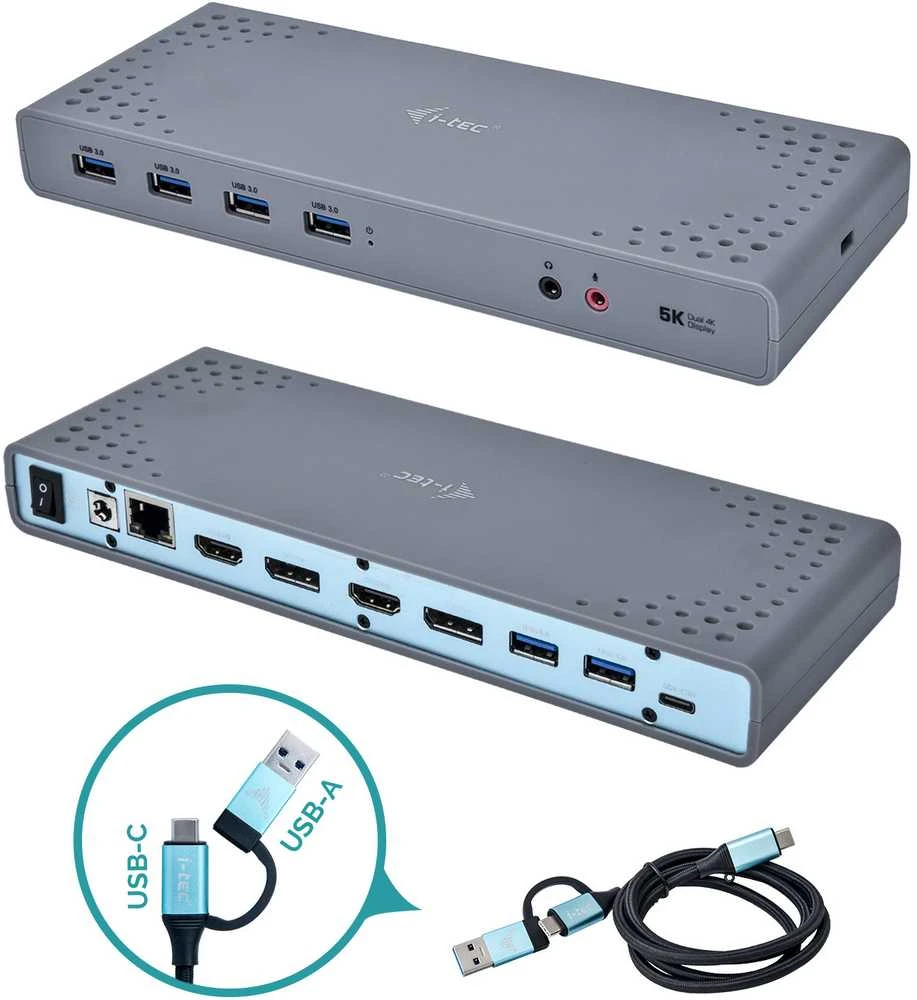 I-TEC USB 3.0 / USB-C Dualdock 1x 5K 2x 4K 60Hz 2x HDMI 2x DP 1x GLAN 6x USB 3.0 1x Audio / Mic Jack Kensington, suderinamas su TB 3