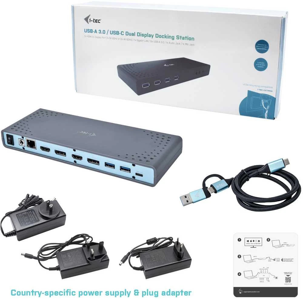 I-TEC USB 3.0 / USB-C Dualdock 1x 5K 2x 4K 60Hz 2x HDMI 2x DP 1x GLAN 6x USB 3.0 1x Audio / Mic Jack Kensington, suderinamas su TB 3