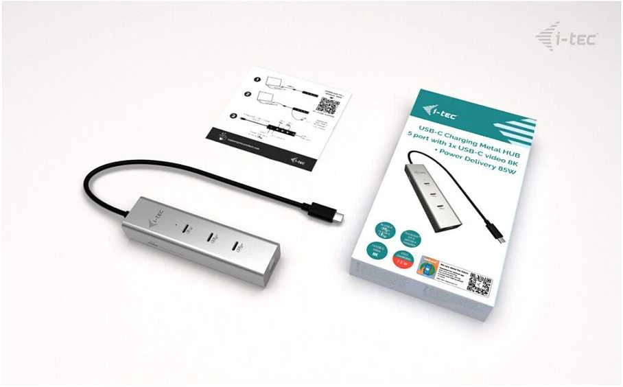 I-tec Metalinis USB-C įkrovimo šakotuvas, 5 prievadų, su USB-C vaizdo įrašu, 8K + maitinimo šaltiniu, 85 W