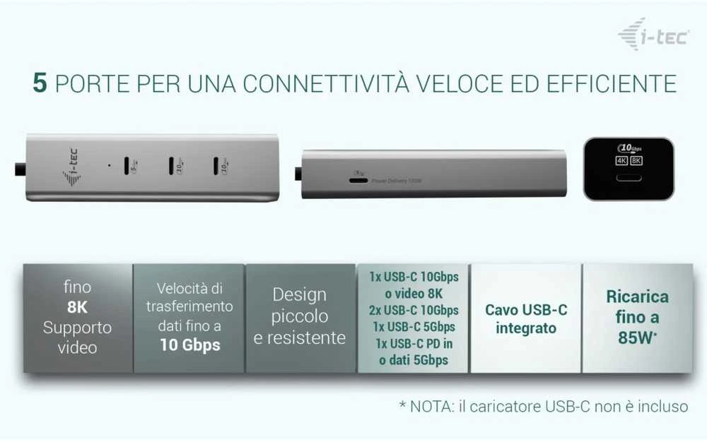 I-tec Metalinis USB-C įkrovimo šakotuvas, 5 prievadų, su USB-C vaizdo įrašu, 8K + maitinimo šaltiniu, 85 W