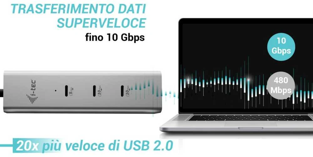 I-tec Metalinis USB-C įkrovimo šakotuvas, 5 prievadų, su USB-C vaizdo įrašu, 8K + maitinimo šaltiniu, 85 W