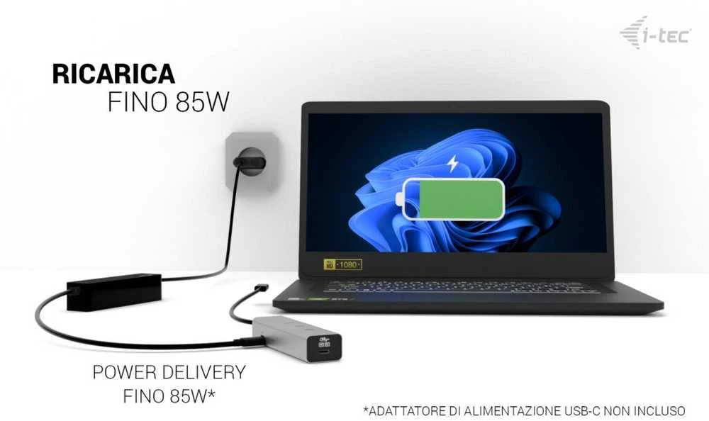 I-tec Metalinis USB-C įkrovimo šakotuvas, 5 prievadų, su USB-C vaizdo įrašu, 8K + maitinimo šaltiniu, 85 W