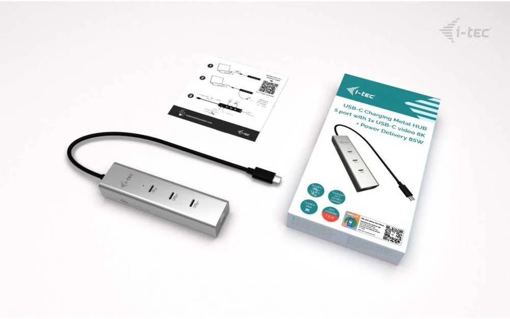 I-tec Metalinis USB-C įkrovimo šakotuvas, 5 prievadų, su USB-C vaizdo įrašu, 8K + maitinimo šaltiniu, 85 W