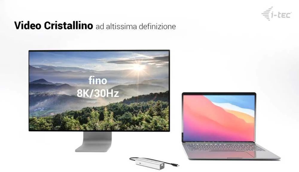 I-tec Metalinis USB-C įkrovimo šakotuvas, 5 prievadų, su USB-C vaizdo įrašu, 8K + maitinimo šaltiniu, 85 W