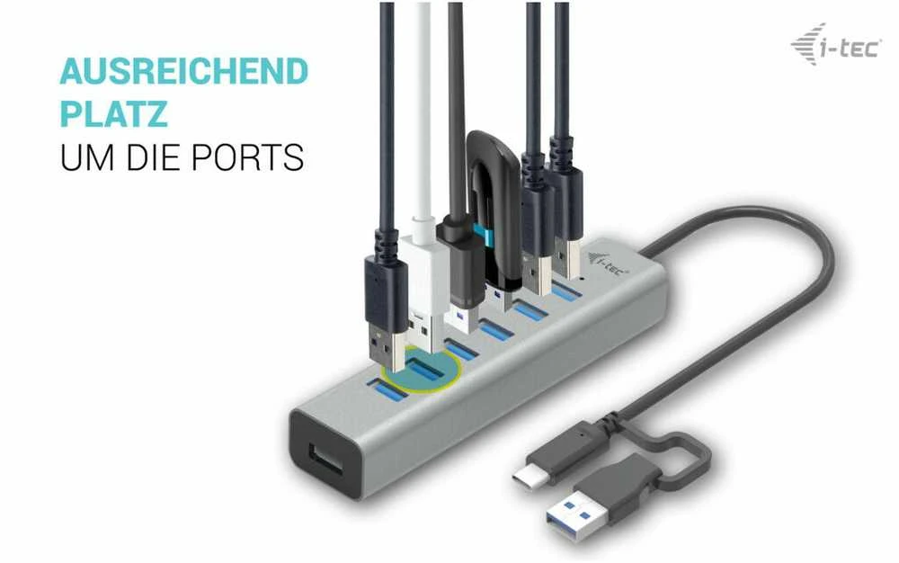 I-TEC USB-C įkrovimo metalinis HUB 7 prievadas be maitinimo adapterio