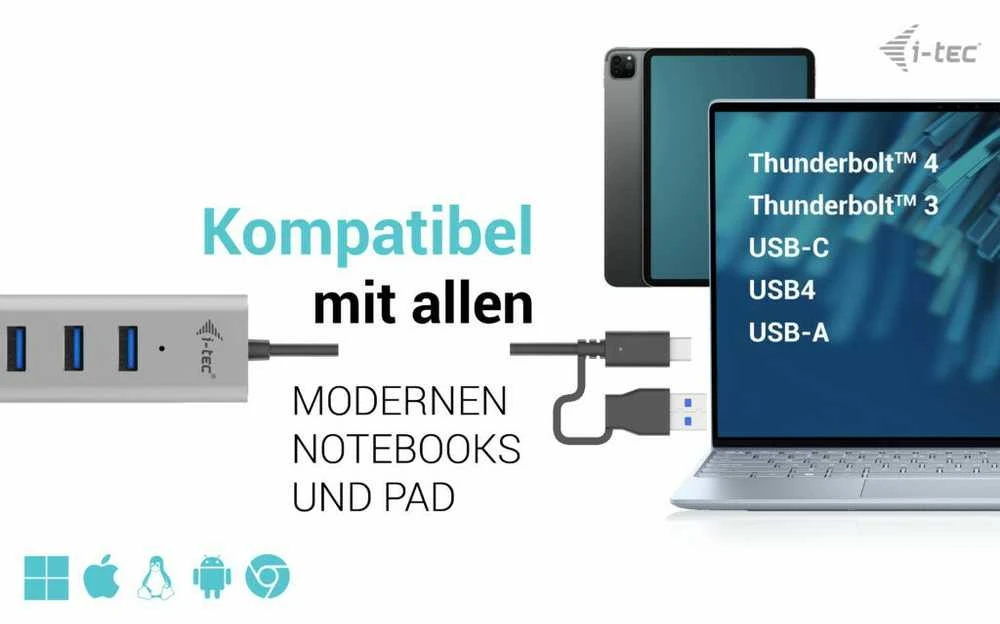 I-TEC USB-C įkrovimo metalinis HUB 7 prievadas be maitinimo adapterio