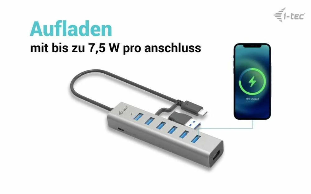 I-TEC USB-C įkrovimo metalinis HUB 7 prievadas be maitinimo adapterio