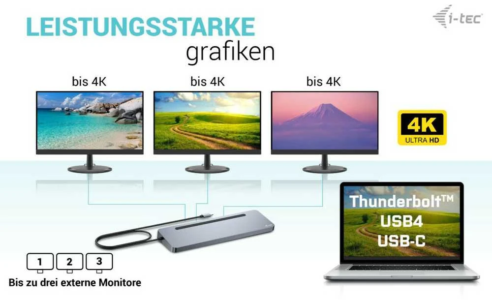 I-TEC USB-C metalinis ergonomiškas 4K 3x Ekrano prijungimo stotelė su PD 100 W