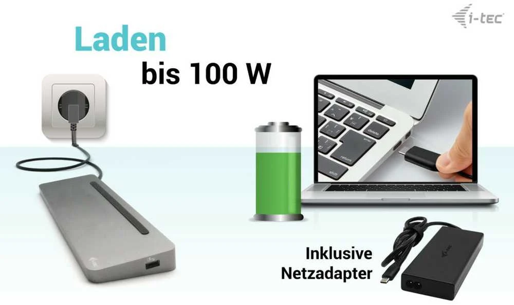 I-TEC USB-C Metal Ergonomic 4K 3x Ekrano prijungimo stotis su PD 100 W + I-tec universalus įkroviklis 100 W