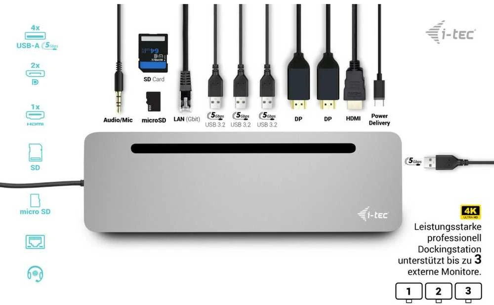 I-TEC USB-C Metal Ergonomic 4K 3x Ekrano prijungimo stotis su PD 100 W + I-tec universalus įkroviklis 100 W