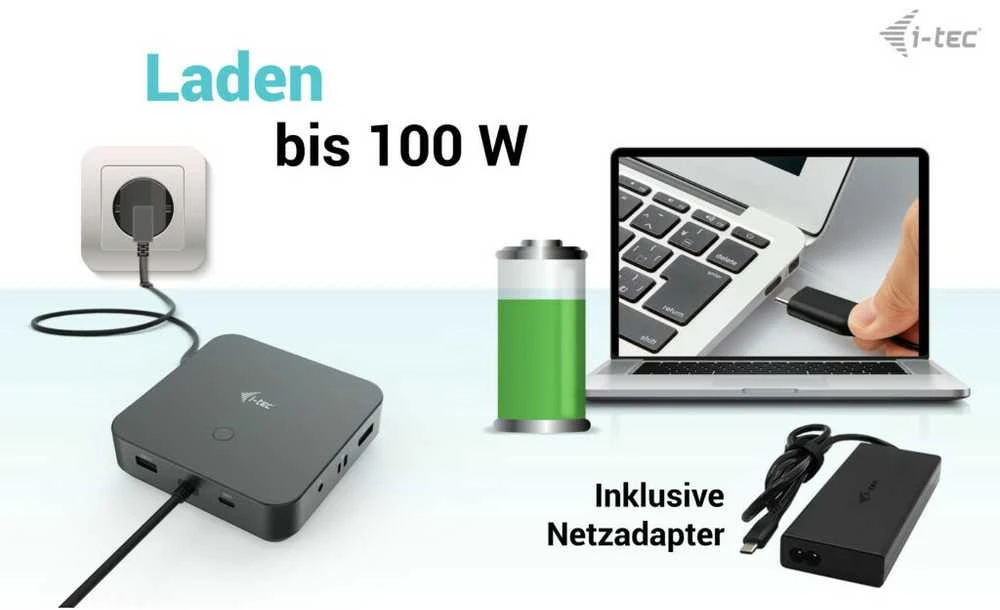 I-TEC USB-C HDMI dviejų DP prijungimo stotelė su maitinimo tiekimu 100 W + I-tec universalus įkroviklis 112 W