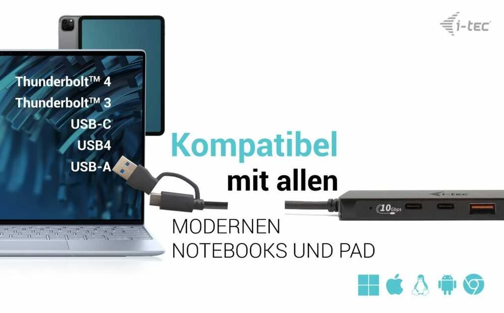 I-TEC USB-C metalinis stebulės 2xUSB 3.0 2xUSB-C 5Gbps be maitinimo adapterio, idealiai tinka nešiojamajam kompiuteriui Ultrabook Planšetė PC