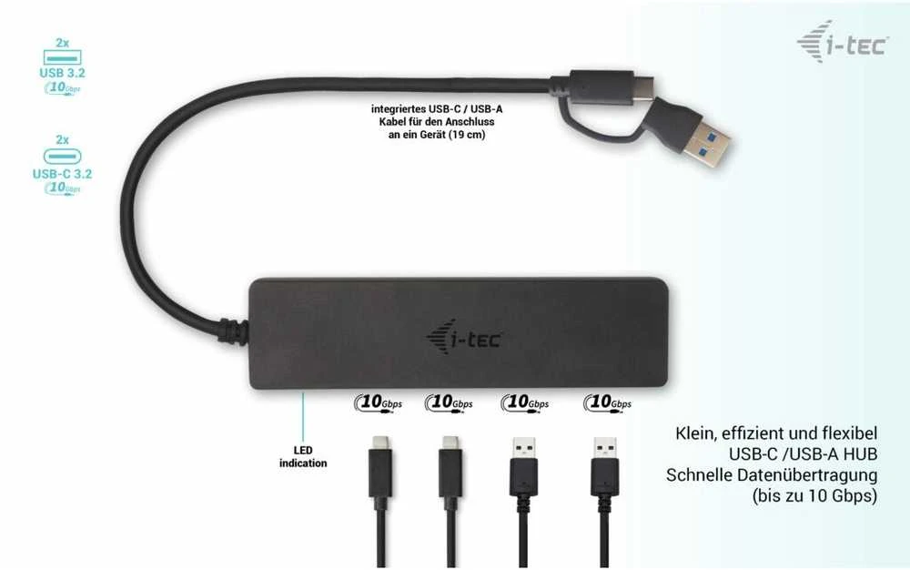 I-TEC USB-C metalinis stebulės 2xUSB 3.0 2xUSB-C 5Gbps be maitinimo adapterio, idealiai tinka nešiojamajam kompiuteriui Ultrabook Planšetė PC