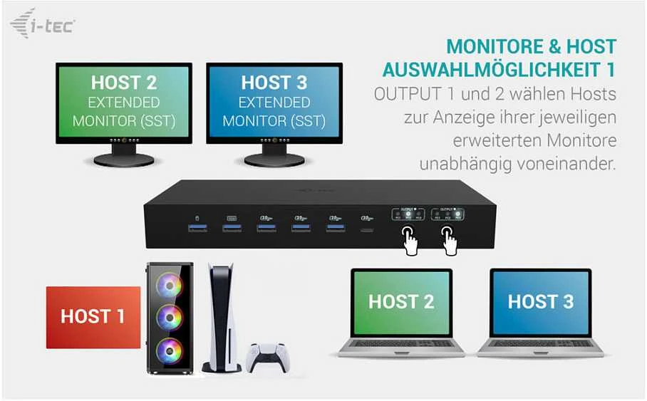 „I-tec USB-C KVM Dock PRO 3“ 3 pagrindiniams kompiuteriams
