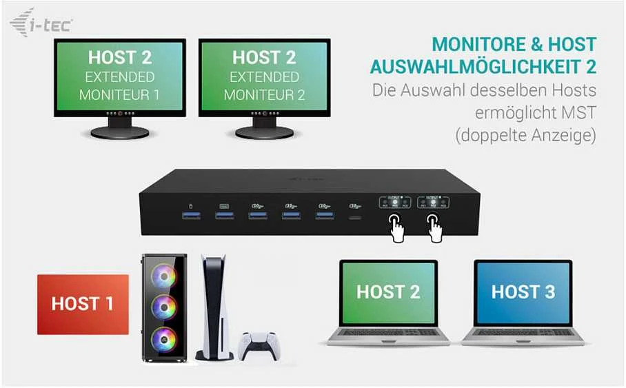 „I-tec USB-C KVM Dock PRO 3“ 3 pagrindiniams kompiuteriams