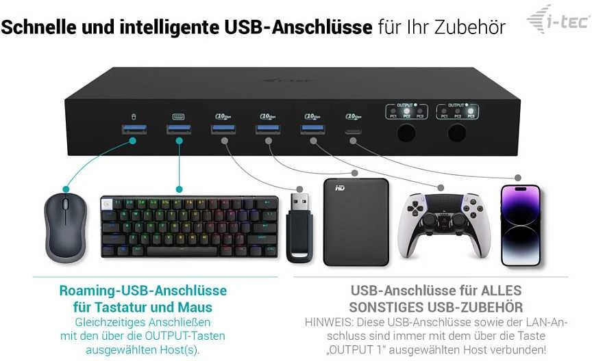 „I-tec USB-C KVM Dock PRO 3“ 3 pagrindiniams kompiuteriams