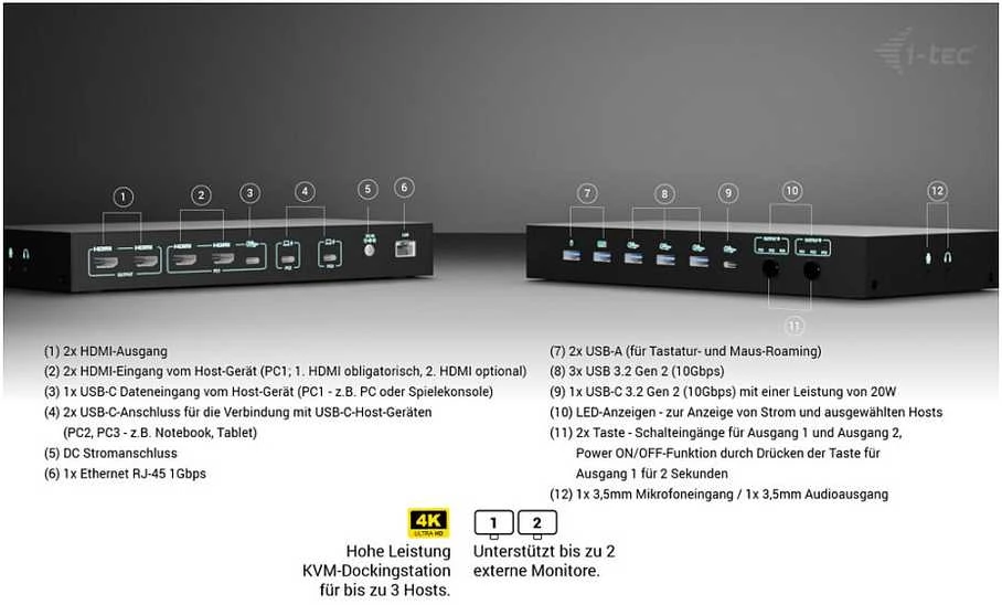 „I-tec USB-C KVM Dock PRO 3“ 3 pagrindiniams kompiuteriams